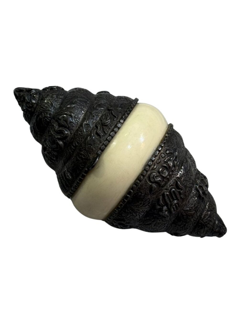 Vintage Tibetan Conch Horn Shanka Metal Container Decor EUC
